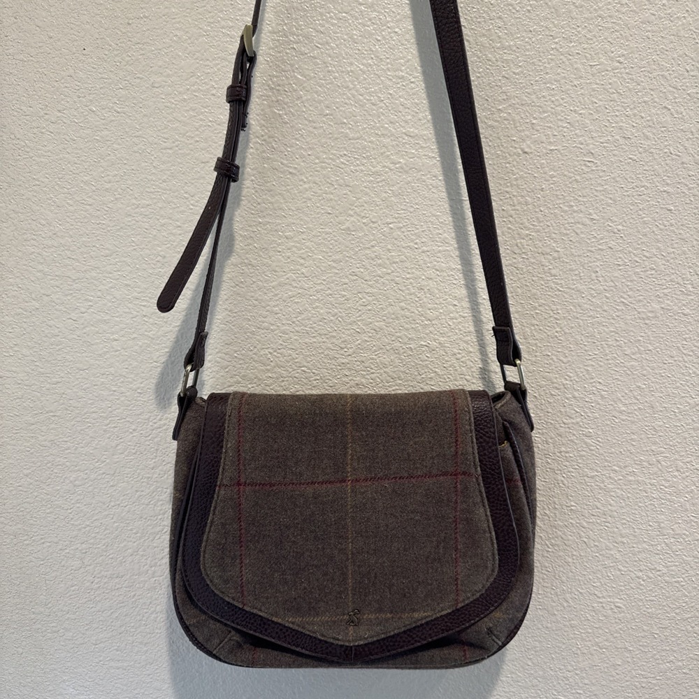 Joules Avebury Crossbody Bag Grid Tweed Wool Blend Multi Saddle Plaid Purse